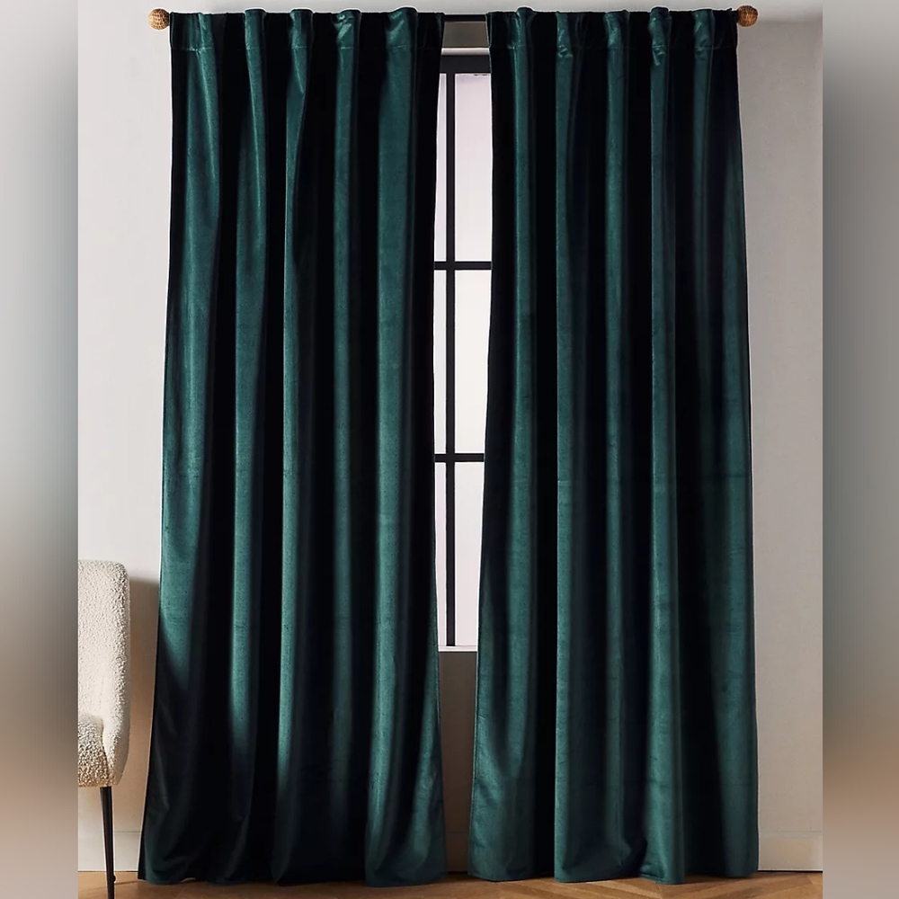 NWT Set Of Two Anthropologie Dark Green Velvet Louise Curtain (Two Panels)